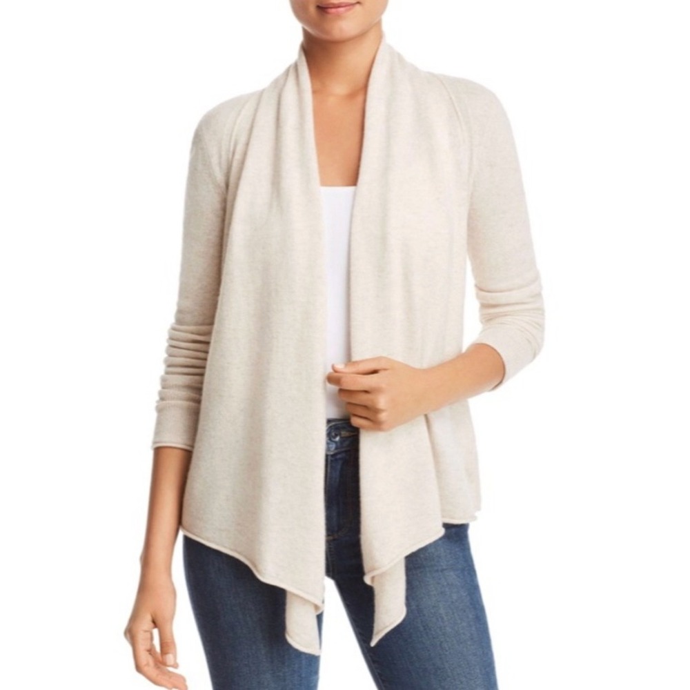 AQUA Cashmere 100% Cashmere Drape Front Cardigan in Oatmeal Size XS